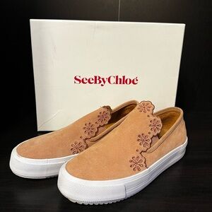 See by Chloe Pink Suede Flower Cut-Out Slip-On Sneakers